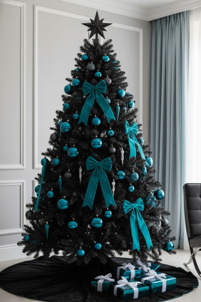 Matte-black tree with glossy turquoise spheres, matte teal baubles, and big silk bows—fresh modern Christmas tree decor in a bright room.