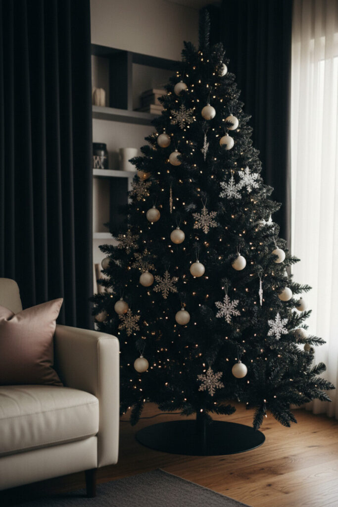 Jet-black tree with crystalline white snowflake ornaments and matte white balls, dense warm lights, and sheer curtains—snowy black Christmas tree ideas.