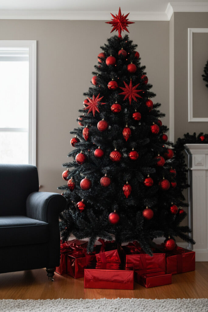 Dramatic black tree with glossy crimson baubles, ribbed ornaments, red glitter starbursts, and metallic red gifts—bold Black Christmas Tree Decorations.