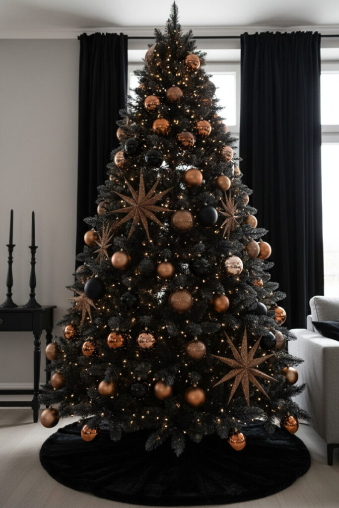 Charcoal-black tree mixing copper spheres, rose-gold starbursts, antique-gold shapes, and matte black globes—glamorous luxury black Christmas tree decorations.