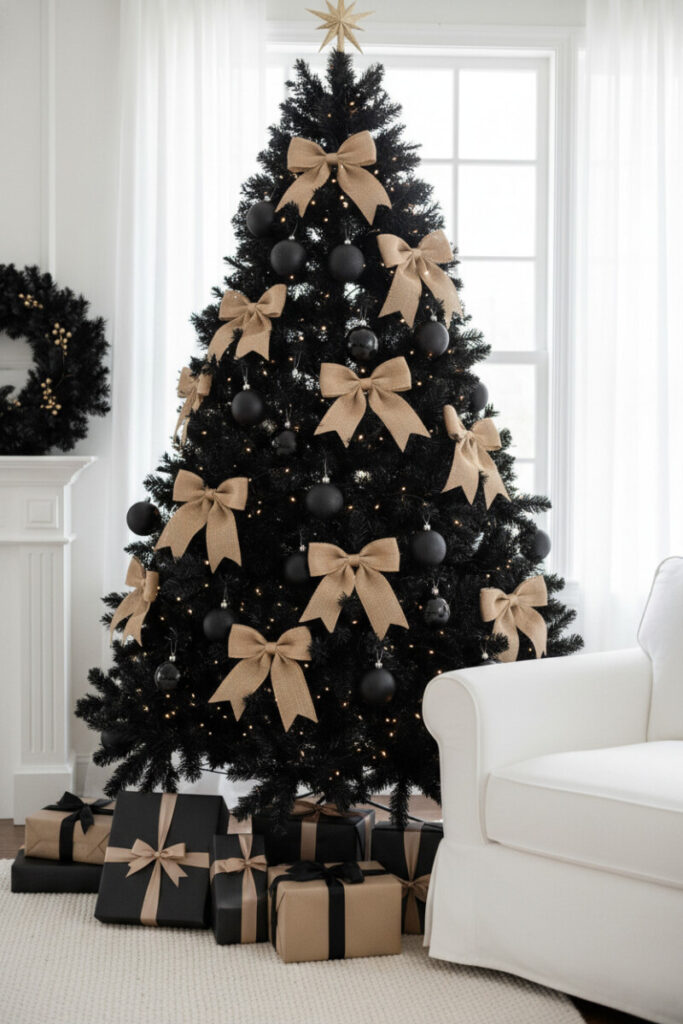 Matte-black tree adorned with oversized burlap bows and a burlap star, black wrapped gifts with tan ribbons—warm rustic black Christmas tree ideas.
