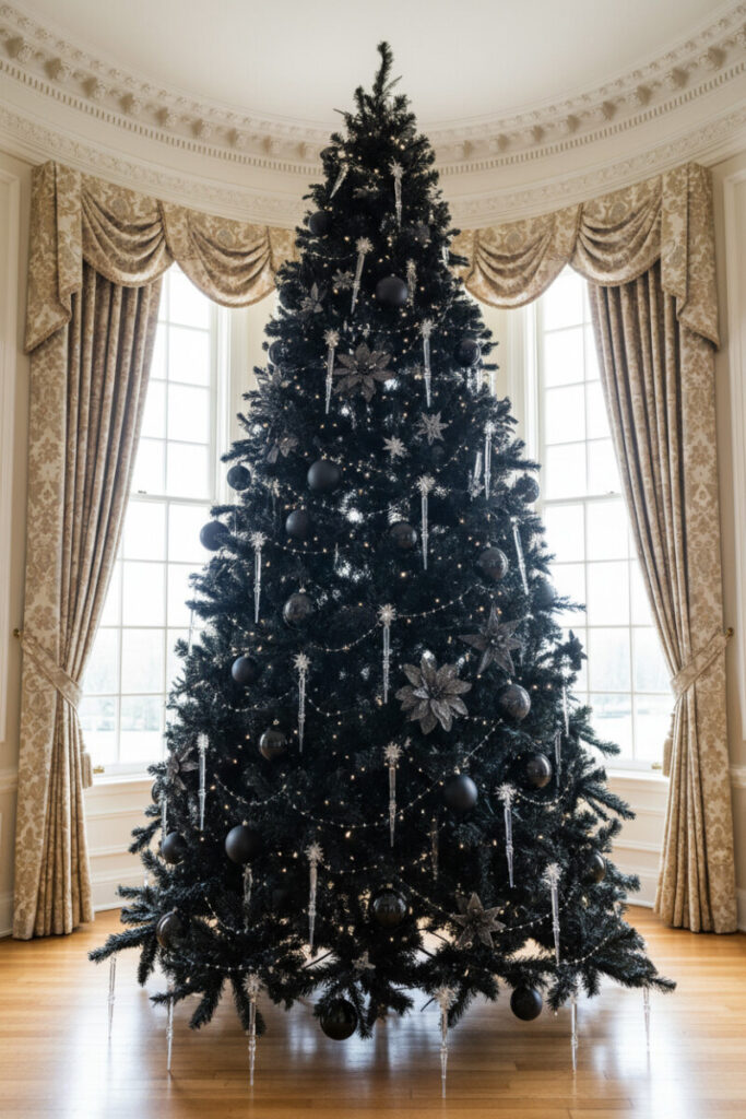 Deep black tree dripping with clear crystal icicles, beaded strands, and black glitter starbursts—radiant luxury black Christmas tree decorations.