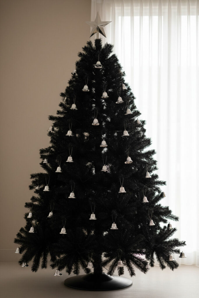 Jet-black tree covered in polished chrome silver bells and a brushed-silver star topper—festive Black Christmas Tree Decorations with high shine.