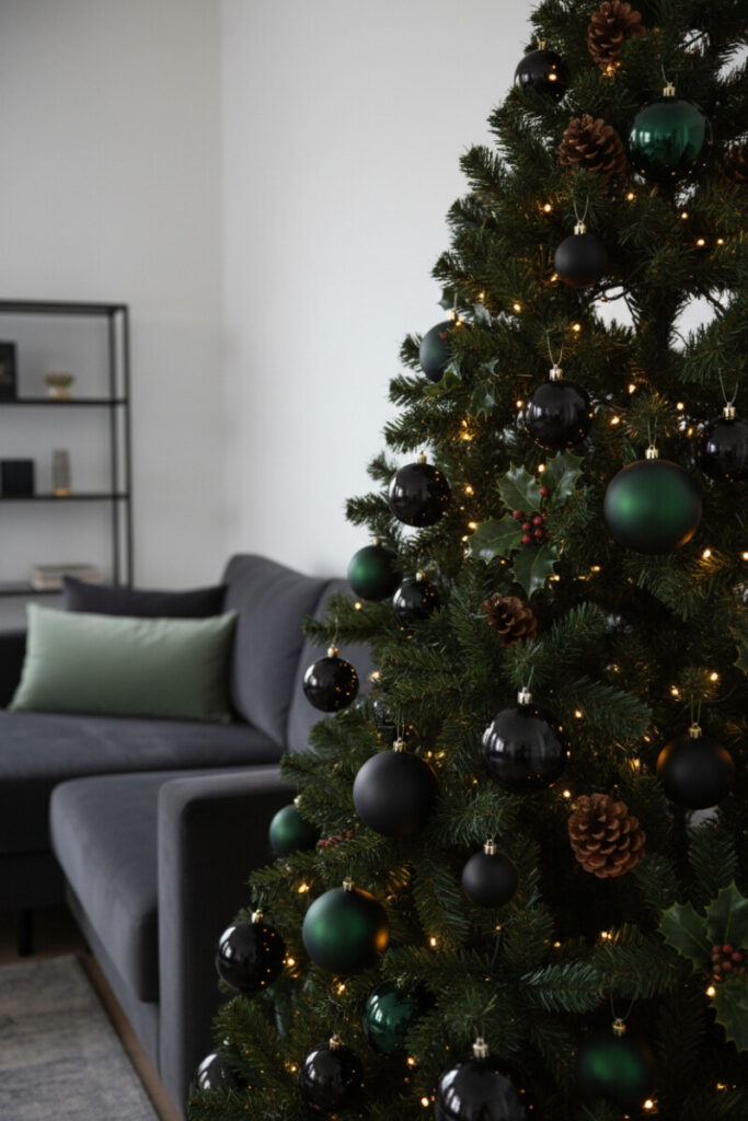 Deep-green-on-black tree using matte and glossy black ornaments, pine cones, and olive foliage—nature-forward black Christmas tree ideas.