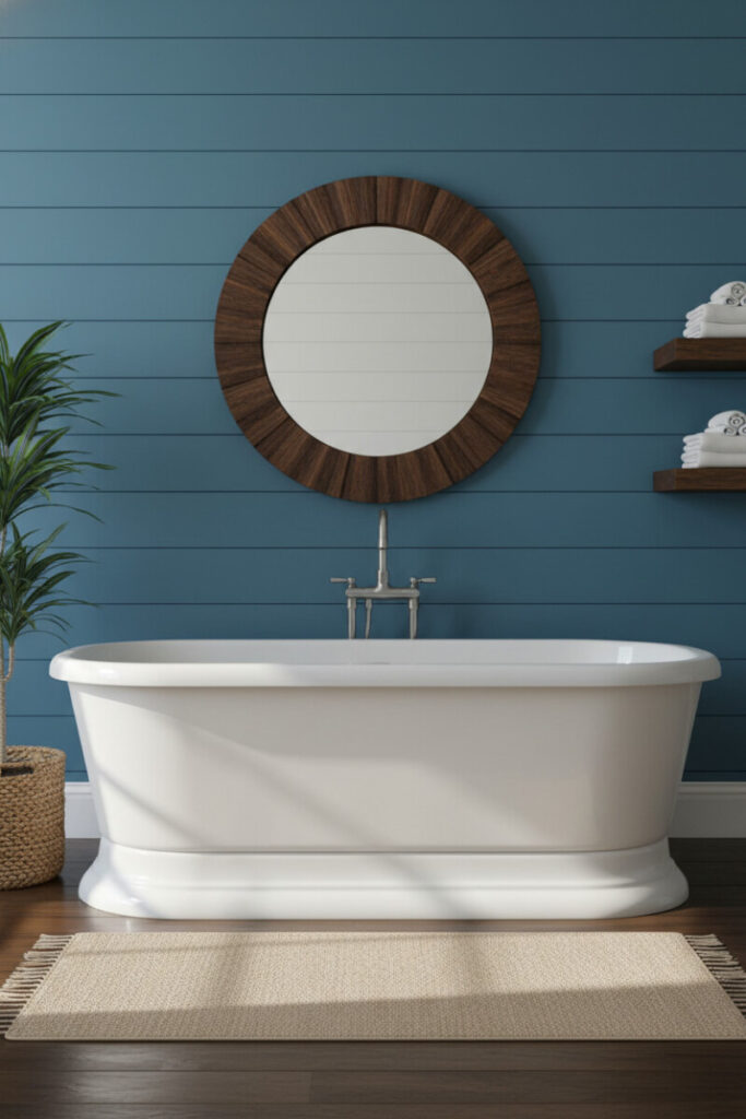 Coastal-inspired blue shiplap wall behind centered tub, walnut mirror, and jute rug—relaxed coastal blue bathroom style.
