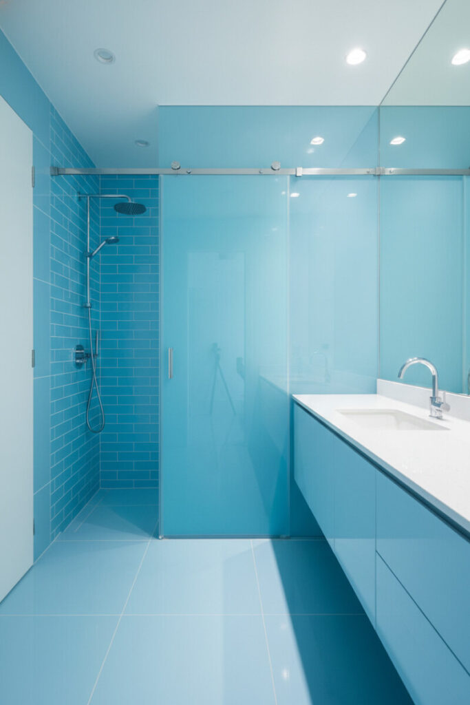 Minimalist bath with cerulean subway-tile shower and frosted blue glass door opposite a pale blue vanity—refined modern blue bathroom decor.