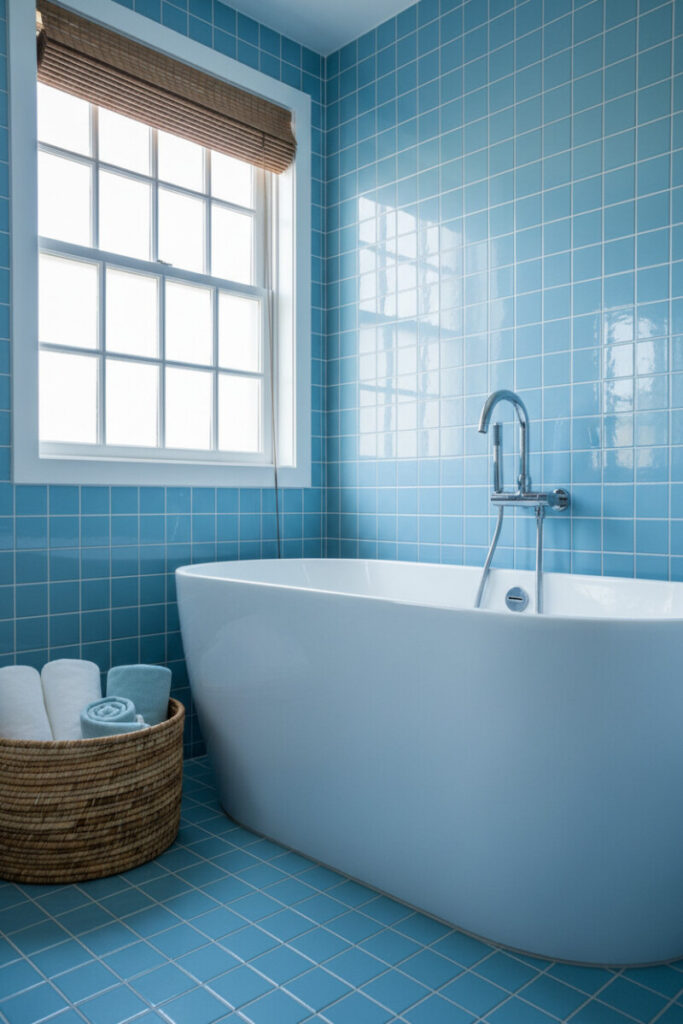 Room wrapped in glossy coastal blue square tiles, white tub and wicker towel basket—coastal blue bathroom style and practical blue bathroom ideas.