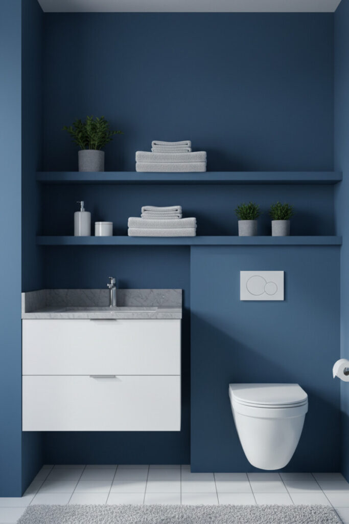 Cobalt blue walls with matching floating shelves, white vanity and toilet—crisp storage-forward Blue Bathroom Designs.