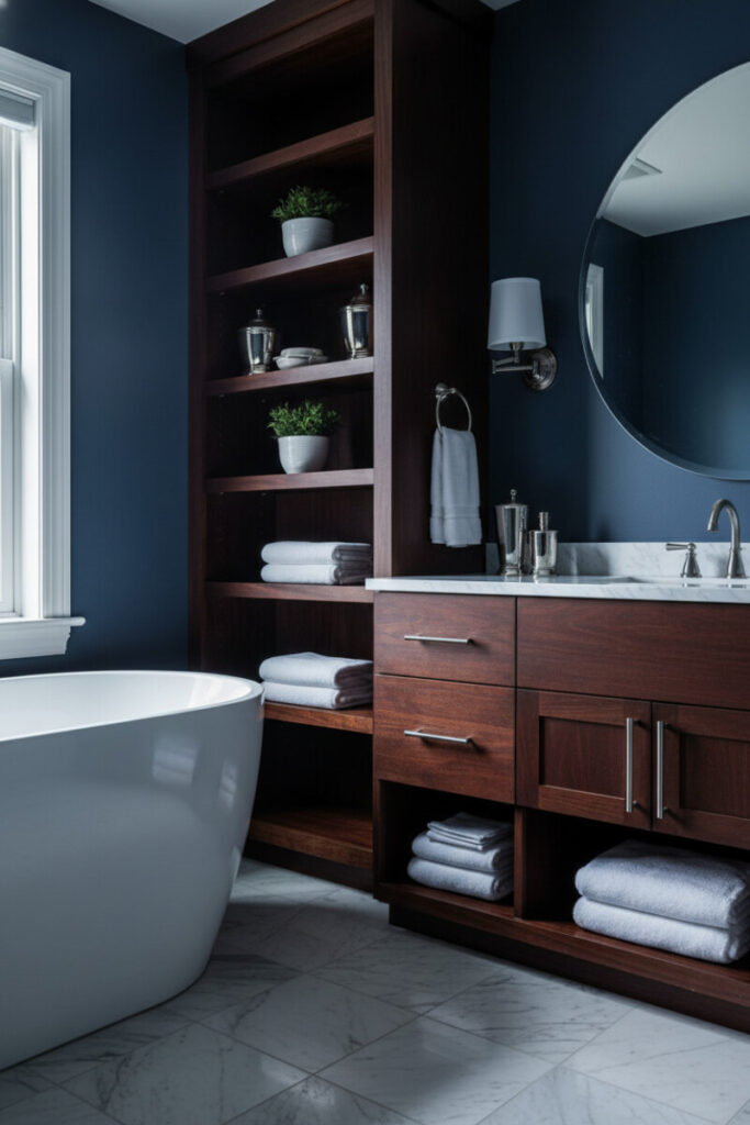 Deep indigo walls paired with rich espresso wood vanity, marble counter, and soft daylight—warm-cool balance in modern blue bathroom decor.