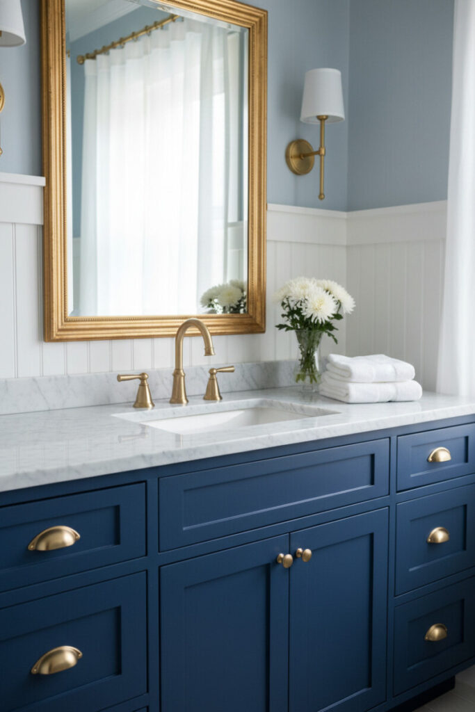 Deep blue shaker vanity with glossy white marble top, brass hardware, and powder blue walls—elevated bathroom color trends.