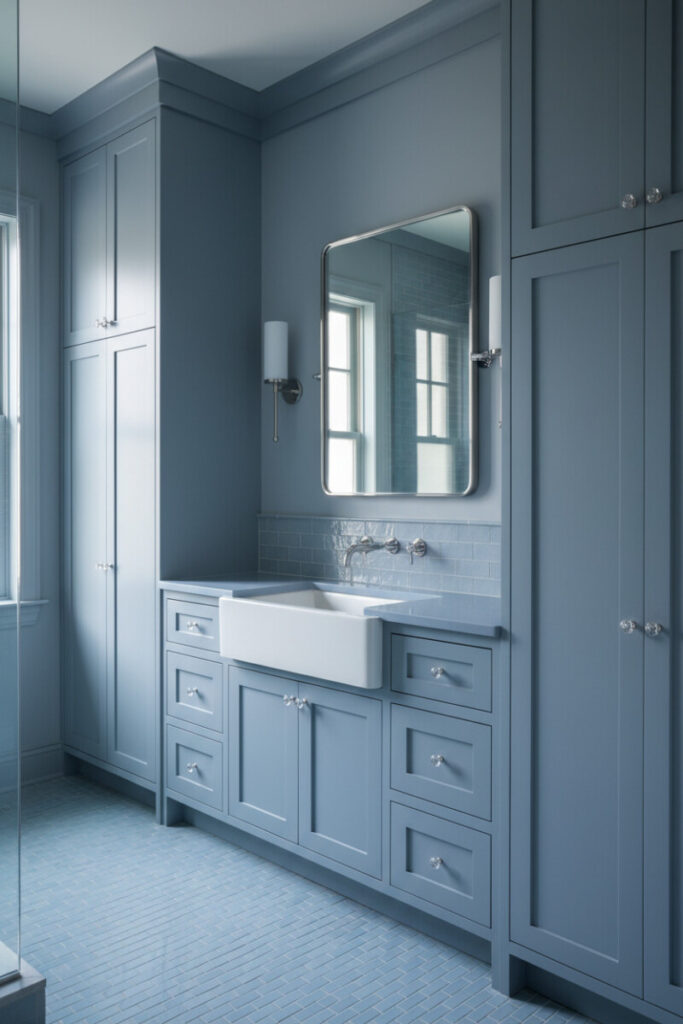 Floor-to-ceiling dusty blue cabinetry with farmhouse sink and herringbone tile floor—organized layout offering blue bathroom ideas.