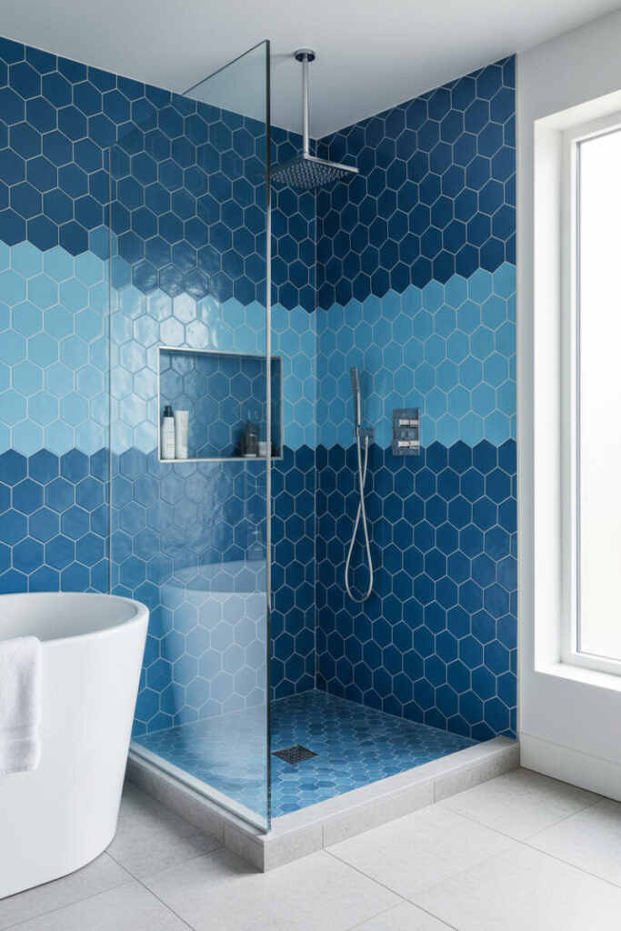 Walk-in shower clad in cyan and sapphire elongated hex tiles with frameless glass and chrome fixtures—graphic Blue Bathroom Designs.