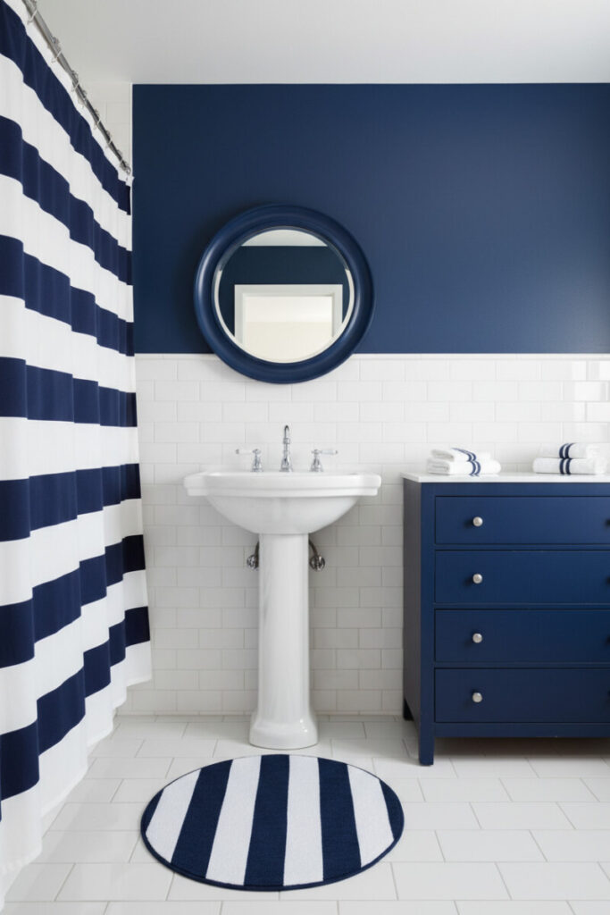 Nautical bath with navy and white striped curtain and rug, pedestal sink, and tile wainscoting—coastal blue bathroom style and budget-friendly blue bathroom ideas.