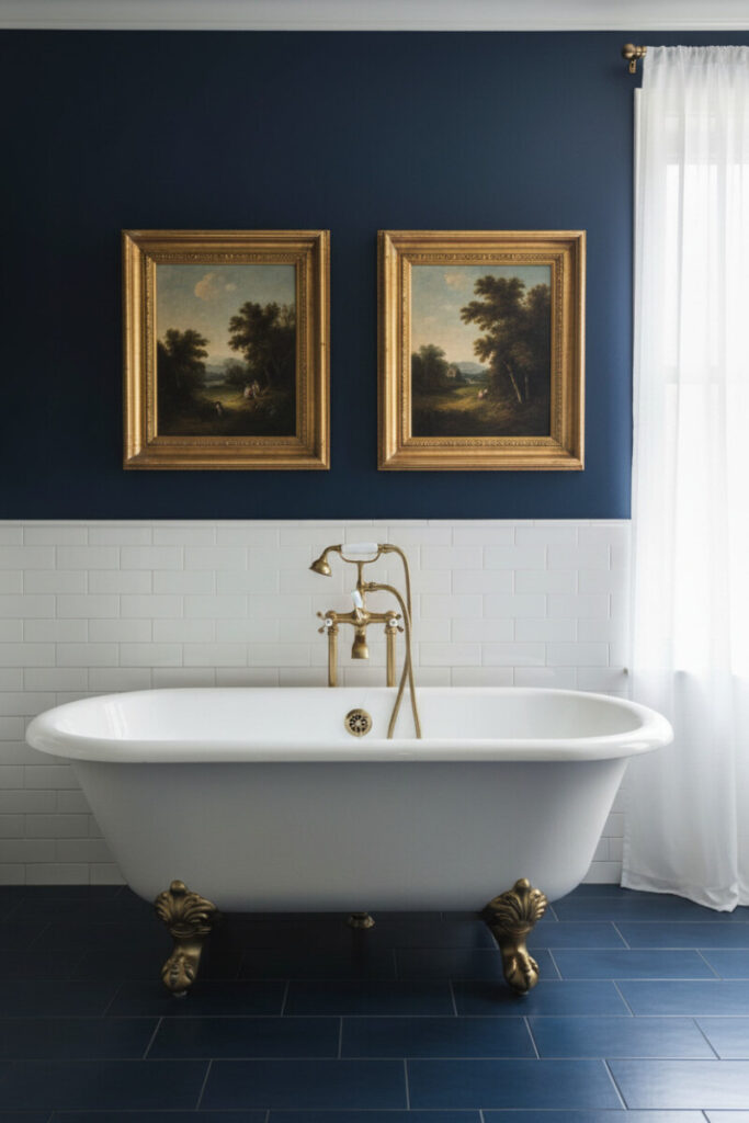 White subway wainscoting with navy accent wall, twin gold-framed artworks, and clawfoot tub—gallery-like Blue Bathroom Designs.