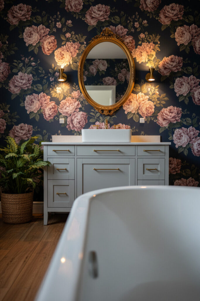 Maximalist navy floral wallpaper behind light gray vanity and ornate gold mirror with candle sconces—statement look reflecting bathroom color trends.