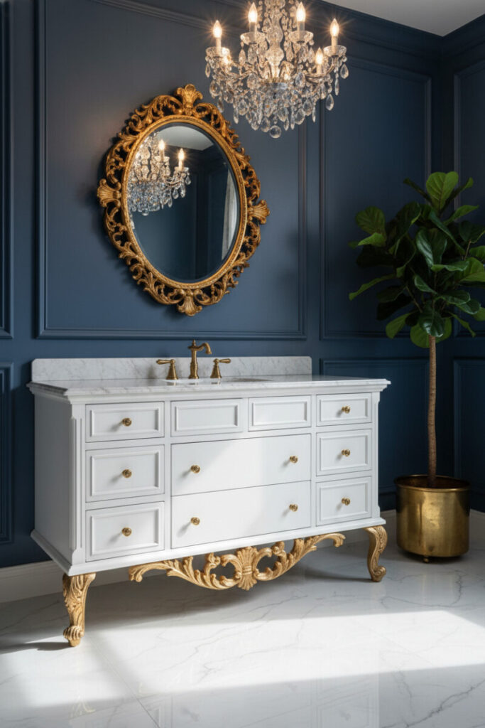 Royal blue paneled walls framing a pristine white vanity, opulent gilt mirror, and crystal chandelier—glamorous Blue Bathroom Designs.