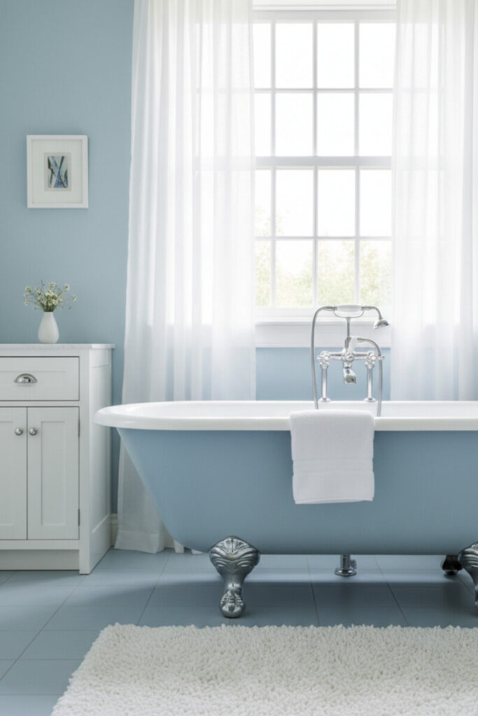 Sky blue walls and matching clawfoot tub with chrome fixtures, shag rug, and sheer curtains—gentle, airy blue bathroom ideas.