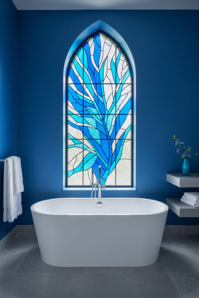 Matte cobalt niche with gothic-arched blue stained glass glowing over a white freestanding tub—artful sanctuary within Blue Bathroom Designs.