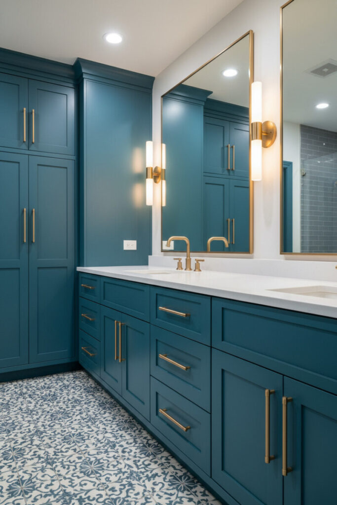 Teal shaker cabinets with brushed brass hardware, creamy quartz counter, and patterned floor tile—fashion-forward bathroom color trends and modern blue bathroom decor.