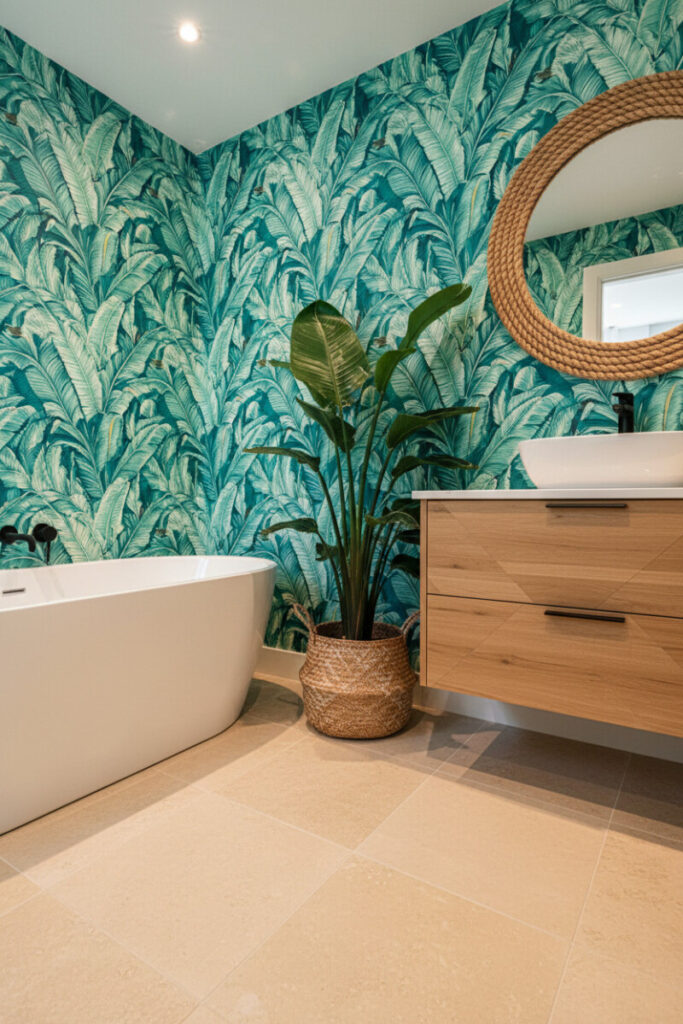 Tropical turquoise palm-leaf wallpaper with matte white tub, light oak vanity, and jute accents—vacation vibe in coastal blue bathroom style.