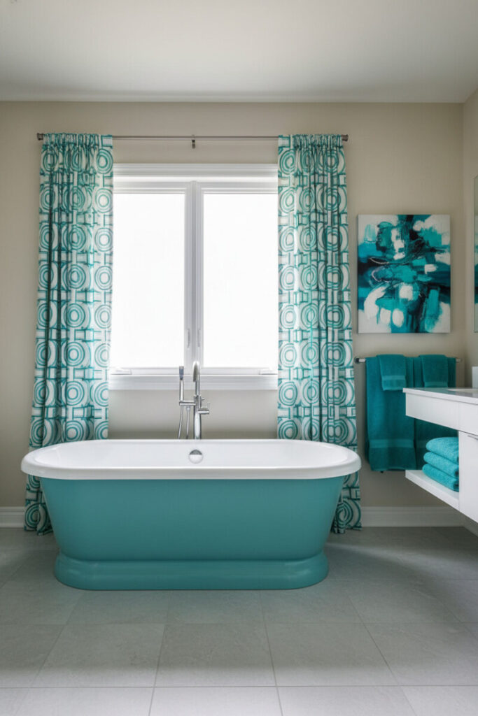 Turquoise freestanding bathtub centered under bright window with patterned curtains and chrome filler—striking focal point for Blue Bathroom Designs.