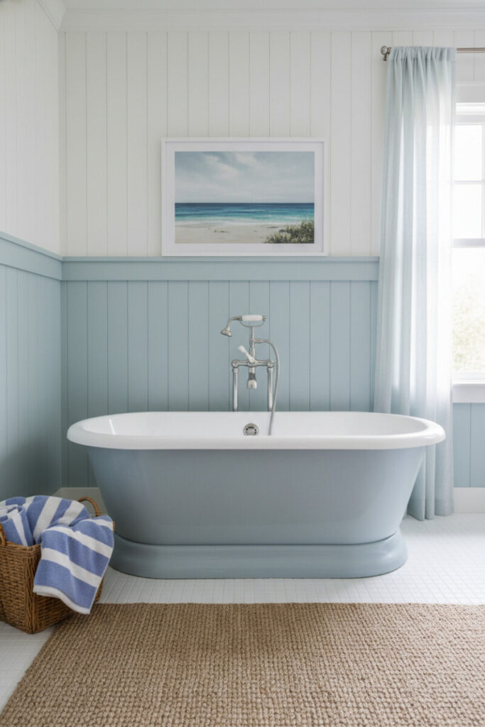 White walls over pale blue shiplap wainscot, coastal art, jute rug, and sheer blue curtains—breezy coastal blue bathroom style.