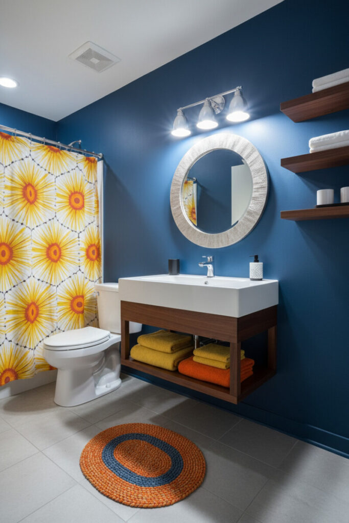 Cobalt blue walls with bright yellow and orange accents, walnut vanity, and sunburst curtain for a mid-century punch—modern blue bathroom decor.
