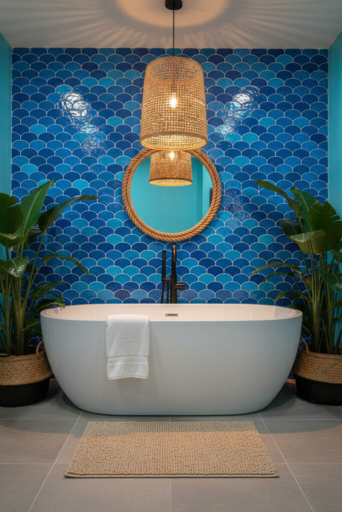 Freestanding tub before shimmering blue fish scale tiles, rattan pendant, and jute accents—coastal blue bathroom style and blue bathroom ideas.
