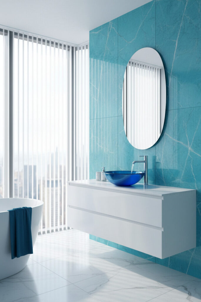 Floating white vanity with azure blue glass vessel sink and chrome waterfall faucet—sleek modern blue bathroom decor.