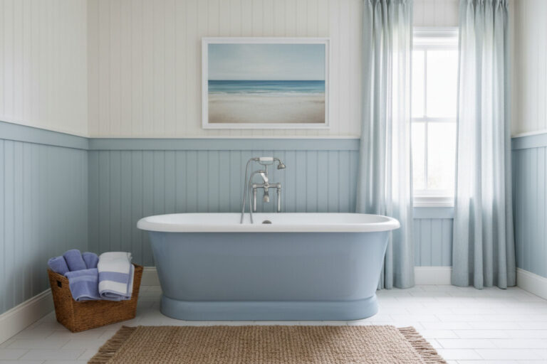 White walls over pale blue shiplap wainscot, coastal art, jute rug, and sheer blue curtains—breezy coastal blue bathroom style.