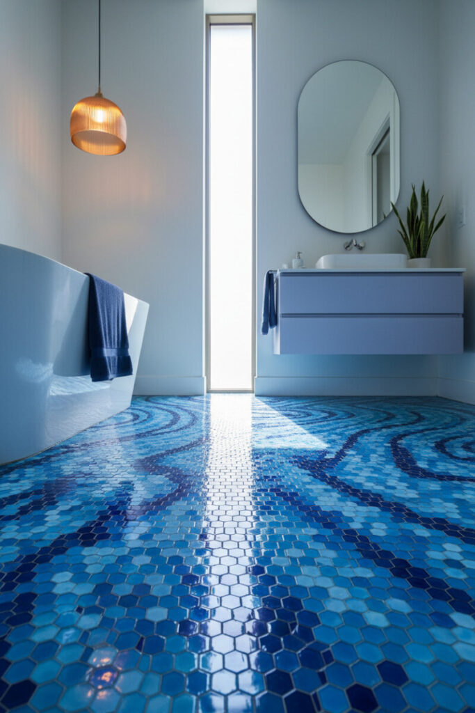 Expansive blue mosaic tile floor reflecting natural light, with white tub and periwinkle vanity—artful Blue Bathroom Designs.