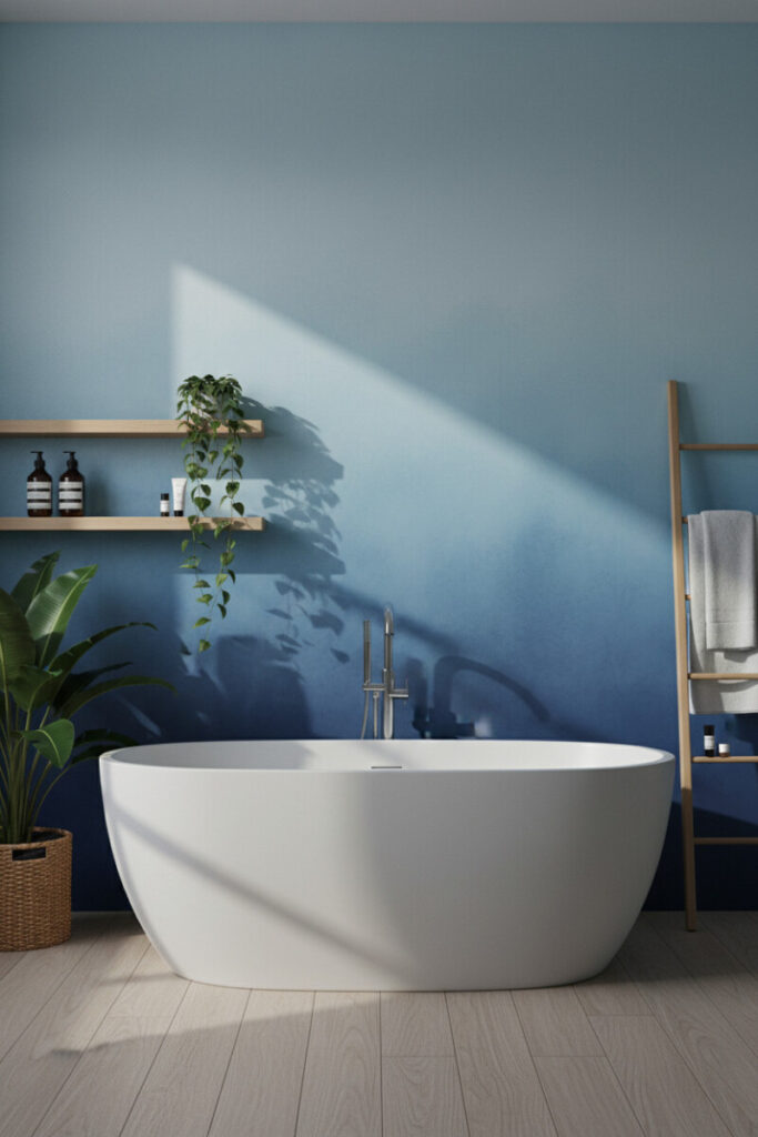 Freestanding oval tub against blue ombré wall paint with wood shelves and towel ladder—on-point bathroom color trends within Blue Bathroom Designs.