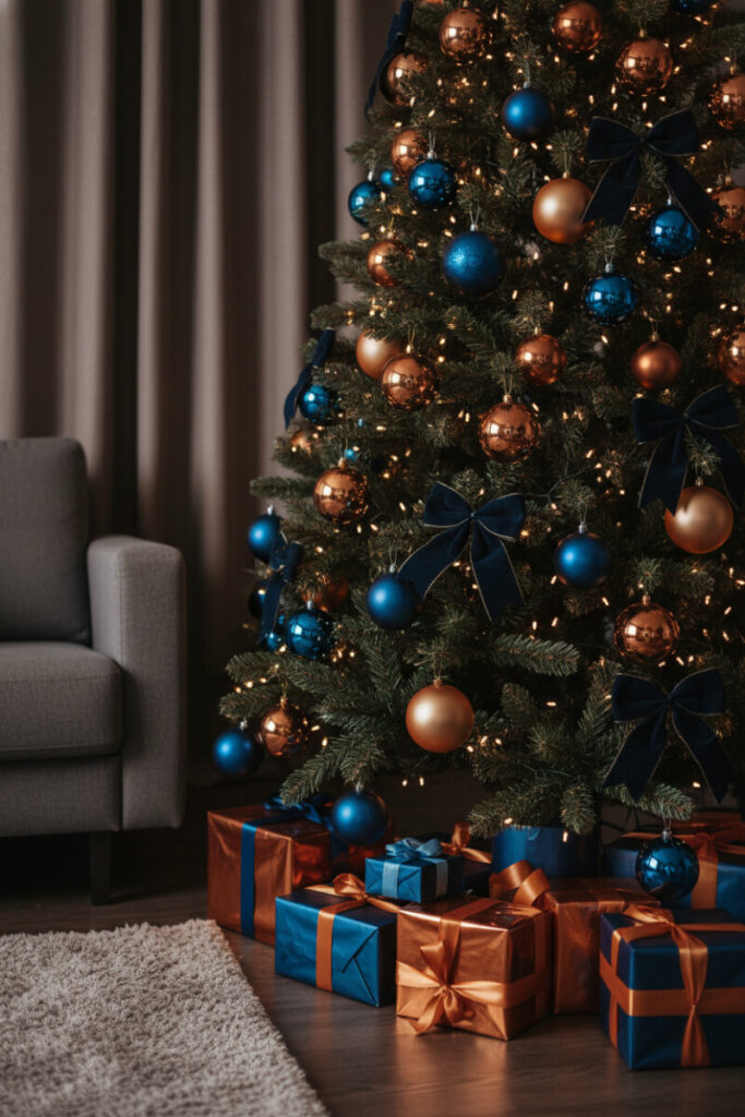 Ultra-detailed artificial tree with deep sapphire ornaments, navy velvet bows, and copper-gold spheres in a moody living room—Blue Christmas Tree Decorations centerpiece.