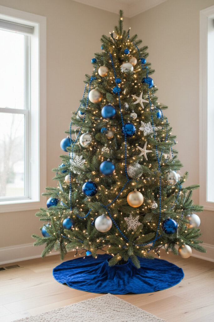 Medium shot of blue beaded garlands, warm string lights, cobalt, silver, and champagne ornaments over royal-blue velvet skirt—tutorial-like take on how to decorate a blue Christmas tree.