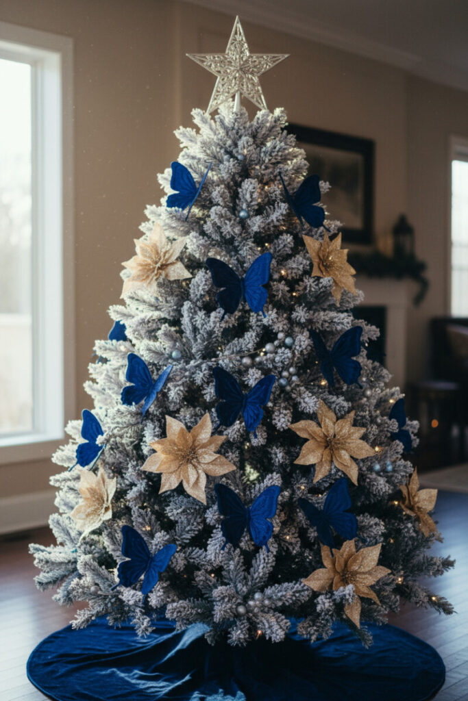Eye-level view of velvet sapphire blue butterfly ornaments with champagne poinsettias and silver-blue berries glowing under tungsten lights.