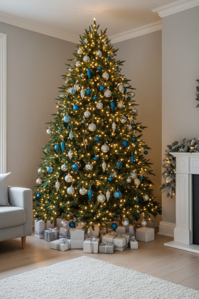 Editorial scene with sapphire crystal drop ornaments and silvery baubles reflecting thousands of warm LEDs by a greige fireplace.