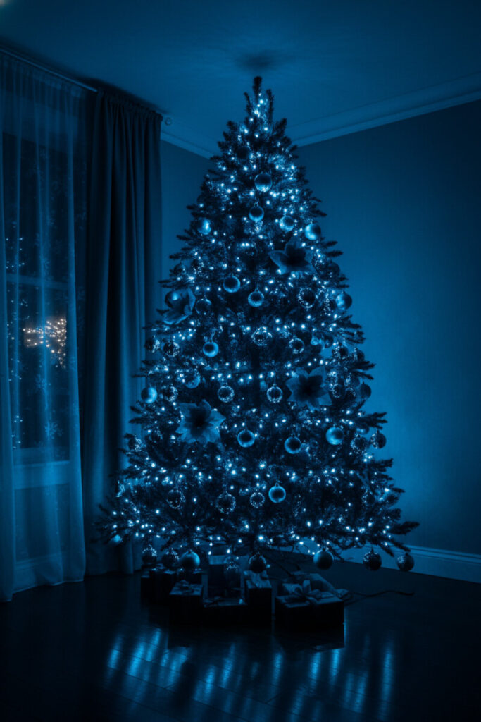 Night interior with monochrome cobalt tree illuminated by dense blue fairy lights, matte blue flowers, and reflective baubles.