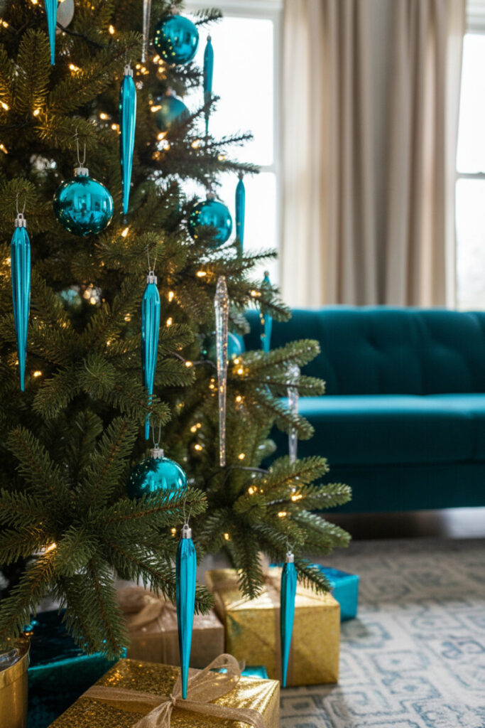 Low-angle close-up of vintage blue glass icicles and turquoise globes sparkling against warm lights, teal sofa softly blurred.