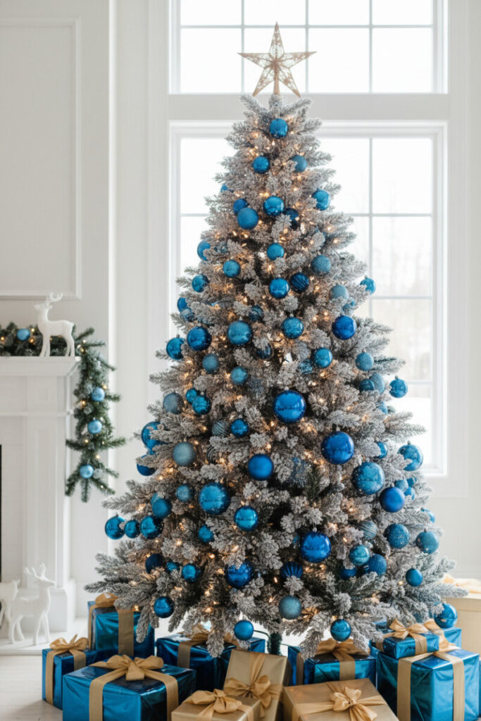 Blue-gray flocked branches packed with blue matte ornaments and glitter pieces, champagne and silver accents—blue and silver Christmas tree ideas for living room glam.
