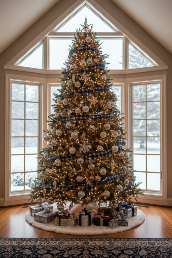 Grand bay-window tree wrapped in deep blue plaid ribbons, metallic ornaments, and white fur skirt—step-by-step feel for how to decorate a blue Christmas tree.