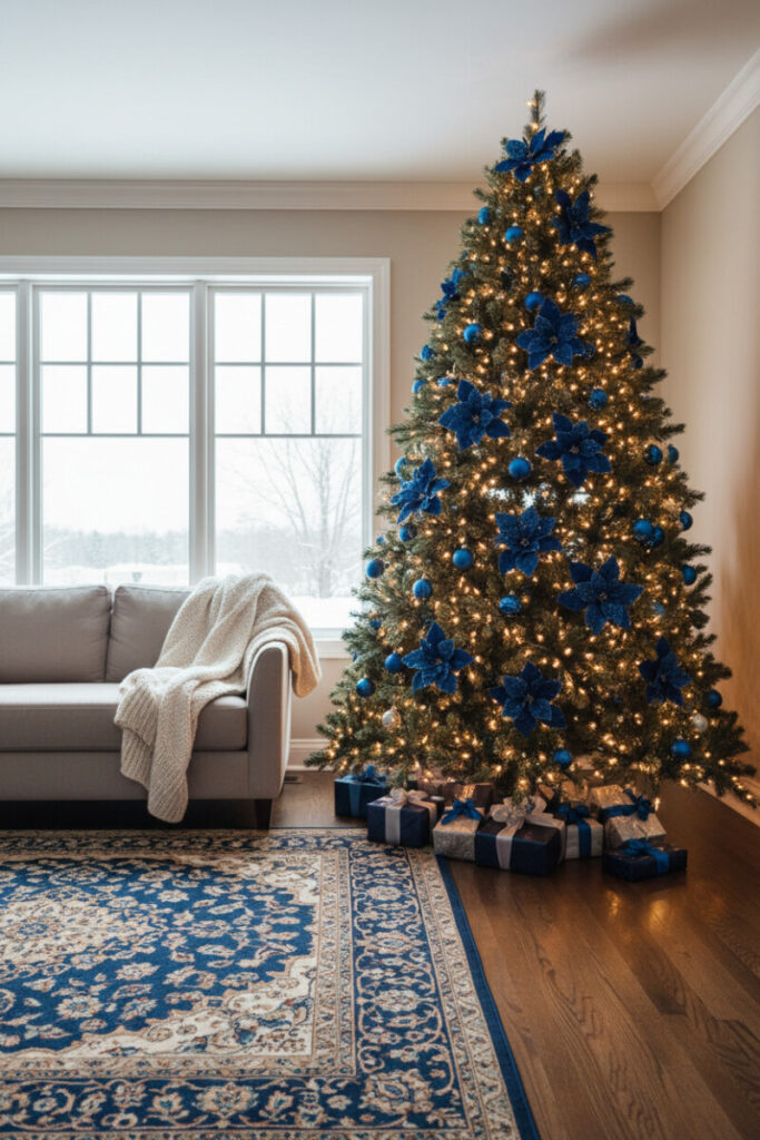 Spacious living room with blue poinsettias, sapphire baubles, amber lights, and indigo Persian rug under cool daylight.