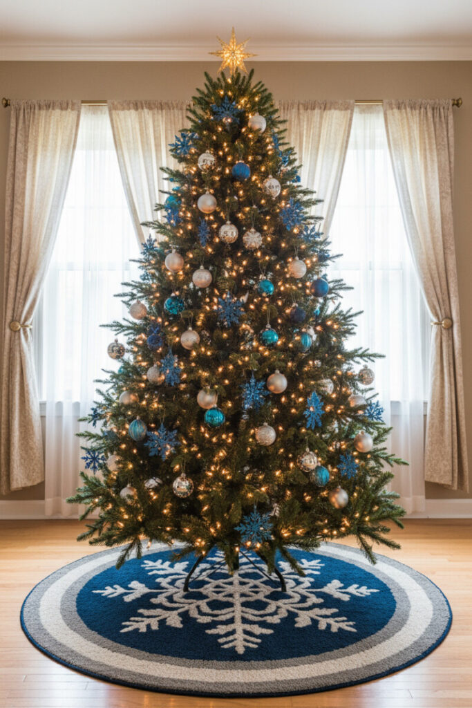 Symmetrical tree with dimensional royal-blue snowflake ornaments, glossy silver and matte white spheres, golden star—polished take on blue and silver Christmas tree ideas for living room settings.