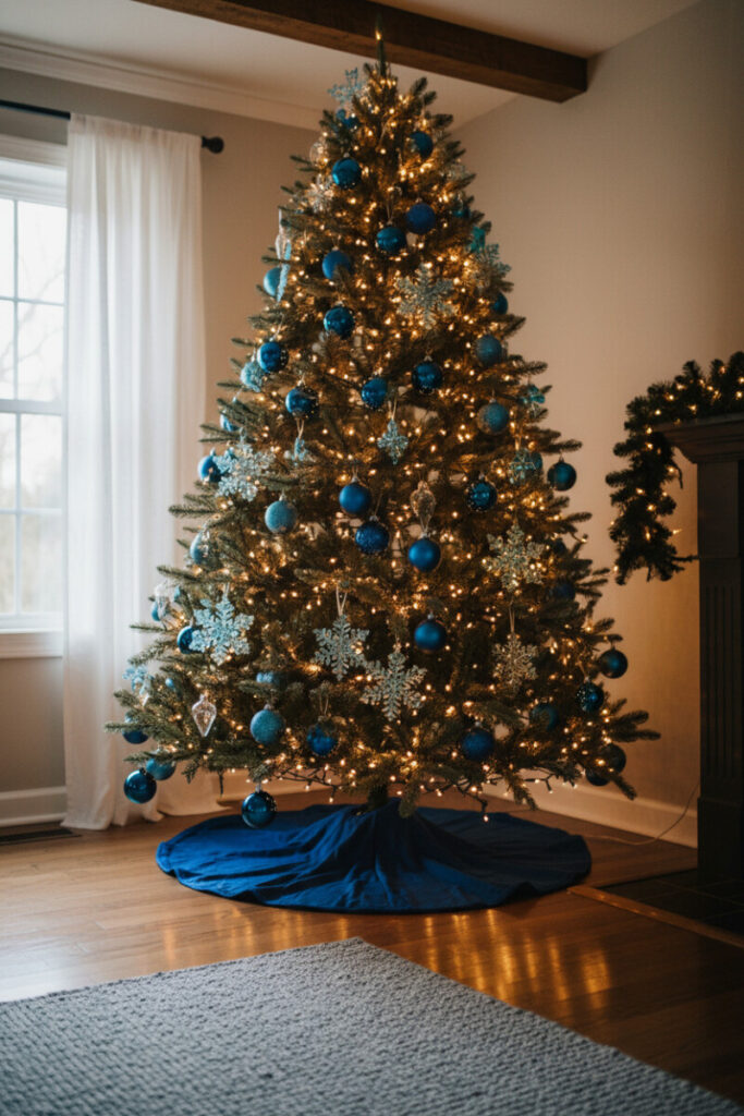 Natural fir with ice-blue glitter snowflakes and deep sapphire balls over royal-blue skirt, rustic beams and mantel in view.