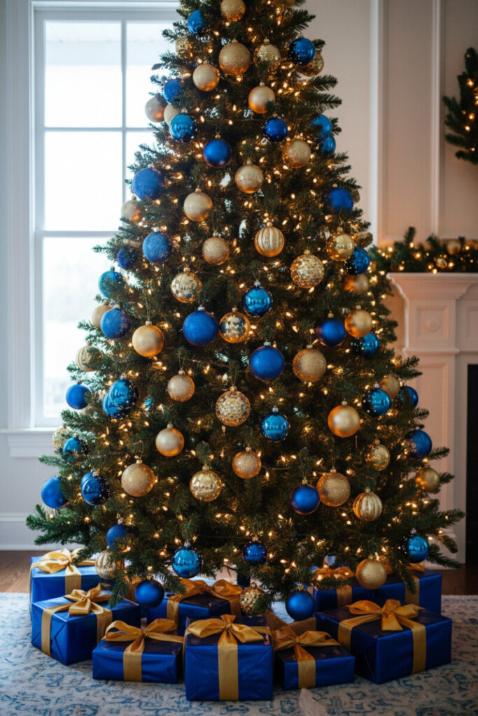 Majestic blue and gold Christmas tree by a bright window, warm amber lights, royal-blue gifts and mantel garland—elegant blue Christmas decor shot.