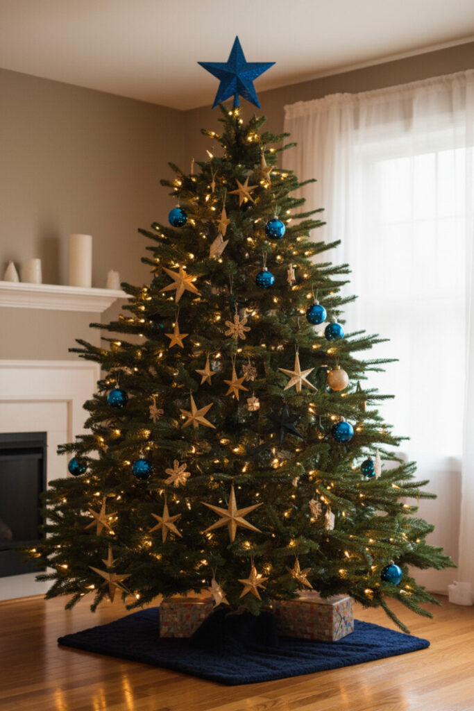 Vertical shot of oversized royal-blue star topper crowning cobalt ornaments and champagne-gold stars—refined modern holiday decorating mood.