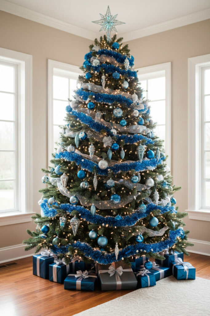 Electric-blue tinsel and delicate silver garland shimmering with warm LEDs, silver wire topper and slate-gray gifts below—festive Blue Christmas Tree Decorations variant.