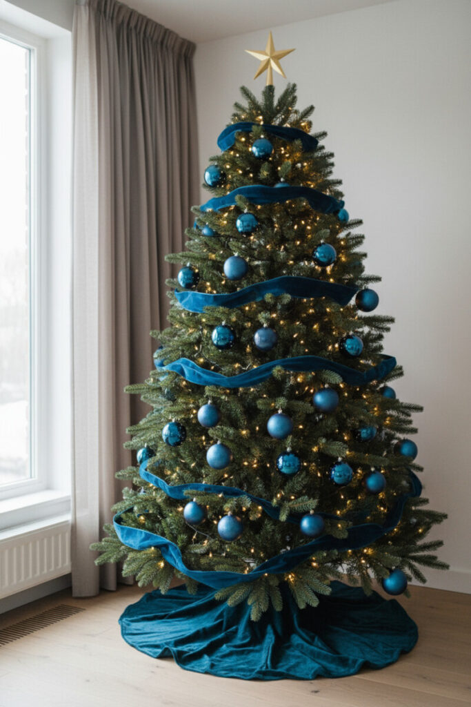 Monochrome noble fir draped in opulent blue velvet ribbons with glossy sapphire and matte cobalt ornaments—elegant scene for modern holiday decorating.