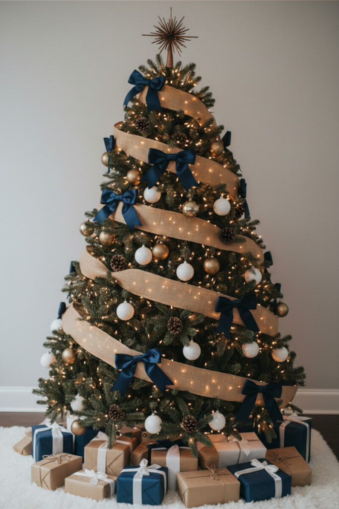 Rustic chic tree with burlap ribbons, large navy satin bows, pinecones, and antique brass ornaments on a plush white rug.