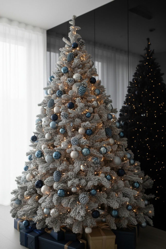 Towering flocked tree with frosted blue pinecones, navy and icy-blue baubles, and warm LEDs reflecting on glossy black panel.