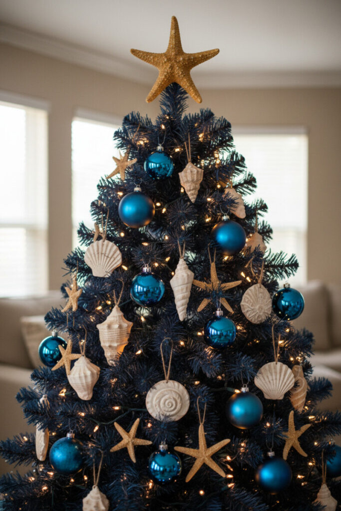 Coastal-inspired midnight-navy tree with starfish topper, white carved seashell ornaments, and cobalt glass baubles under warm lights.
